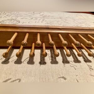 Vintage wood tie rack, 23 pegs +2 brass belt holders
